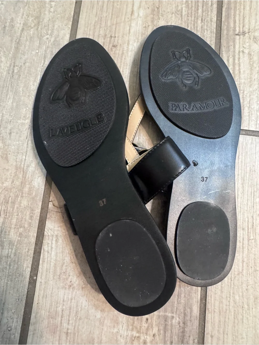 Black Leather Slide Sandals with Gold  Accent